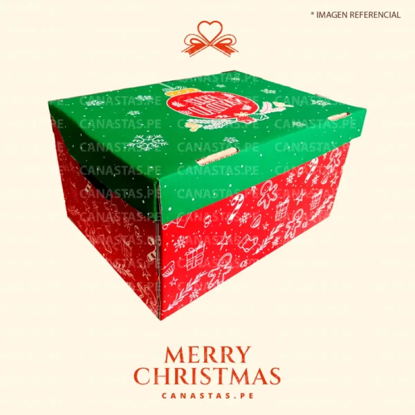 Canasta navideña en caja de cartón con diseño de navidad